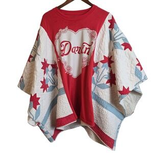 Darlin Graphic Quilted Upcycled Poncho Top Red White Blue Star Patchwork XL